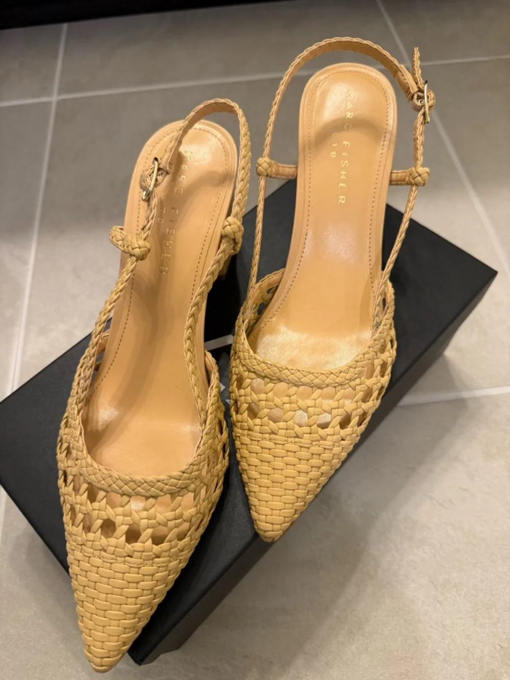 Marc Fisher Woven Slingback Block Heels in Tan